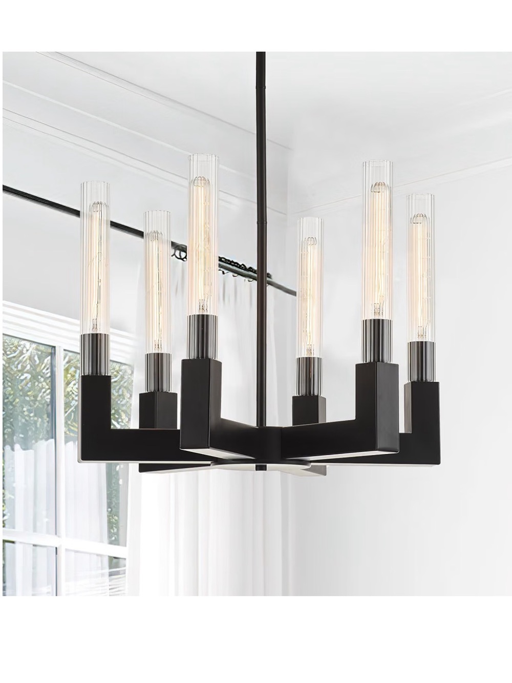 NIB Modern 6-light matte black chandelier light pendant fluted glass tubes